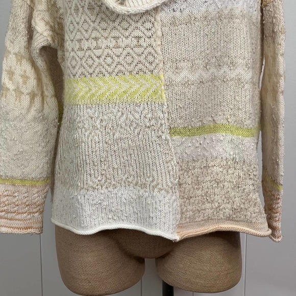 Free People Yellow and Tan Patchwork Oversized Cowl Neck Sweater SZ XS - Picture 4 of 10